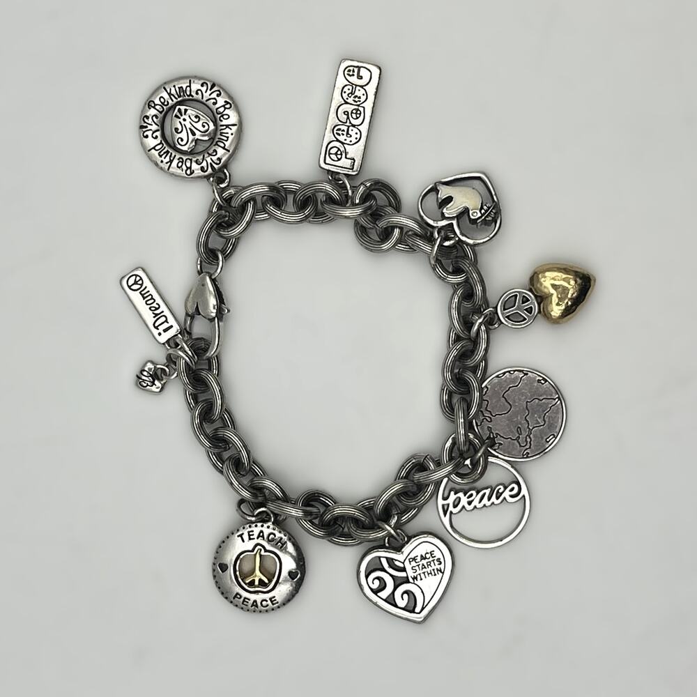Brighton World Peace Charm Bracelet 2007 Y2K Silver Tone Dream Be Kind Unique